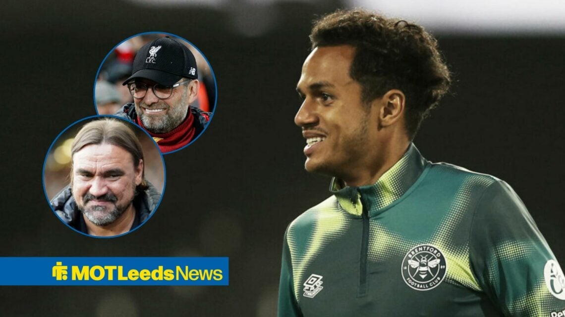 Fabio Carvalho smiling with Daniel Farke and Jurgen Klopp in frame