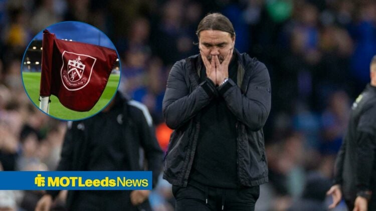 Daniel Farke looking dejected, with a Burnley flag in a circular frame inset