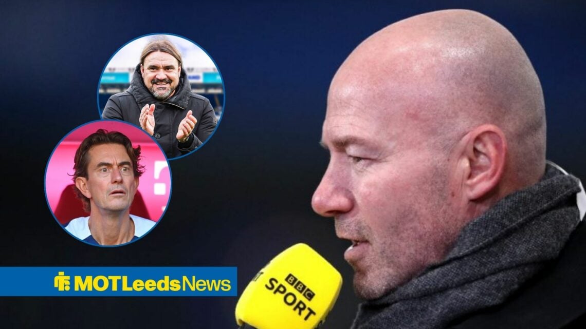 Alan Shearer holding mic with Daniel Farke and Thomas Frank in frame