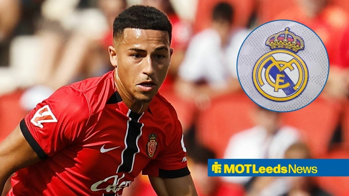 Mateo Joseph playing for Mallorca looking towards a Real Madrid logo in a circle inset