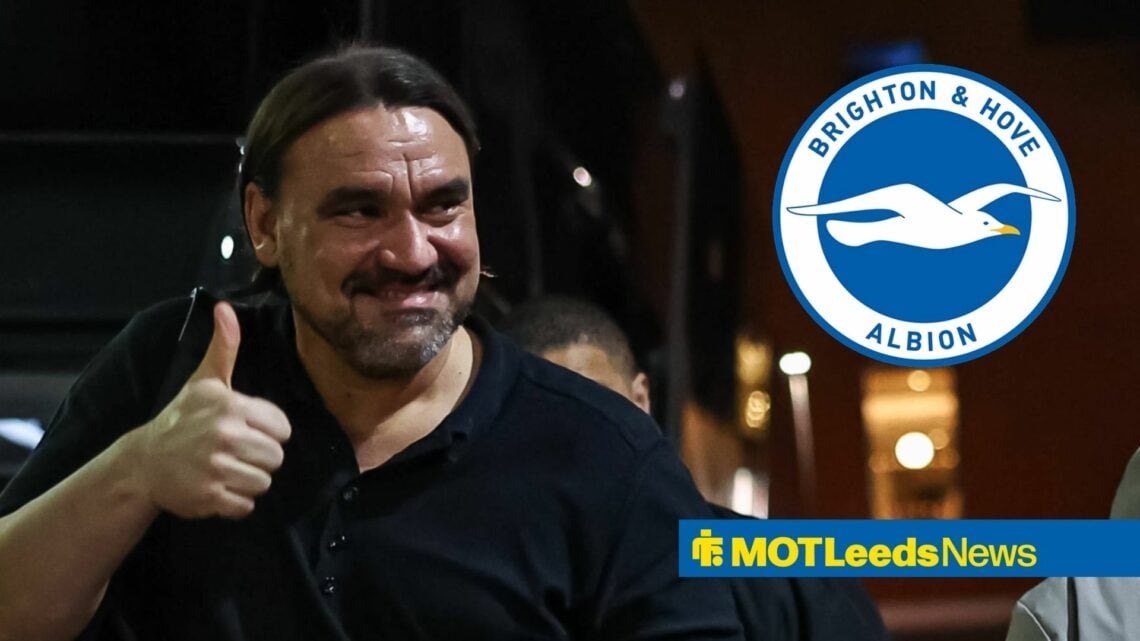 Daniel Farke alongside a circle inset of the Brighton badge.