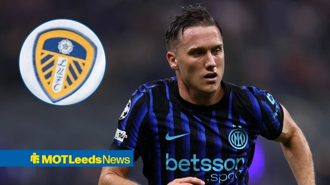 Piotr Zielinski jogging looking away from Leeds badge in circle