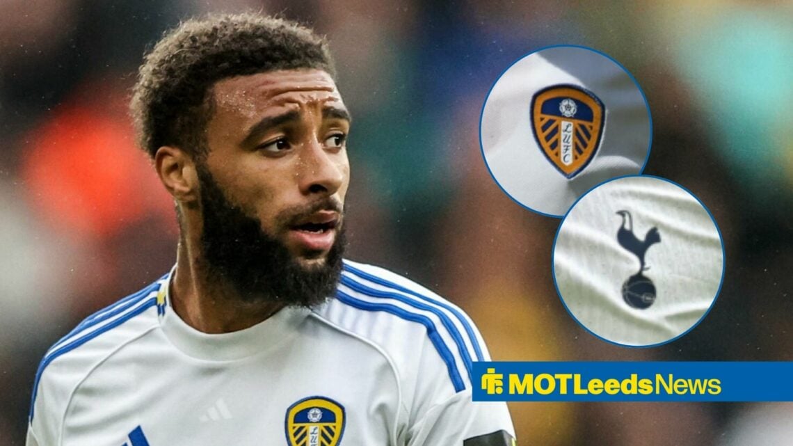 Jayden Bogle in Leeds kit with Leeds and Tottenham badge in frame