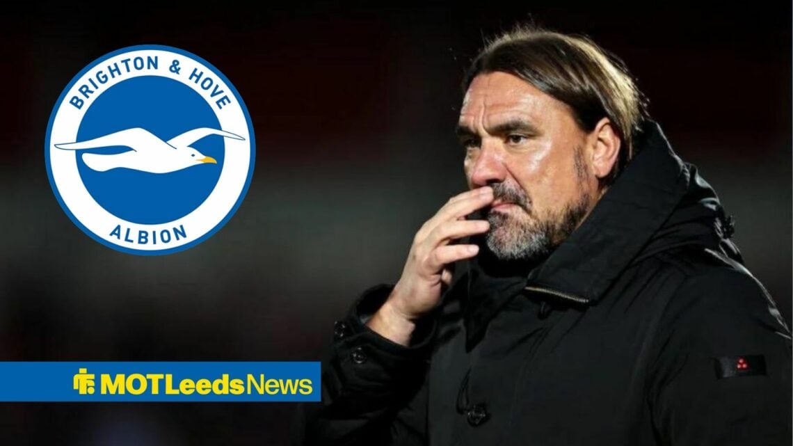 Daniel Farke alongside a circle inset of the Brighton badge.