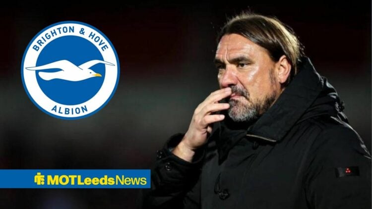 Daniel Farke alongside a circle inset of the Brighton badge.