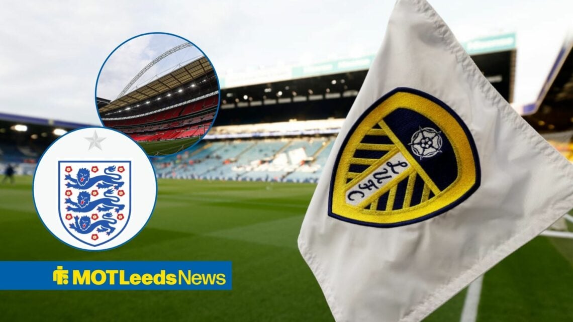 The Leeds United corner flag at Elland Road alongside two circle insets of the England badge and Wembley.