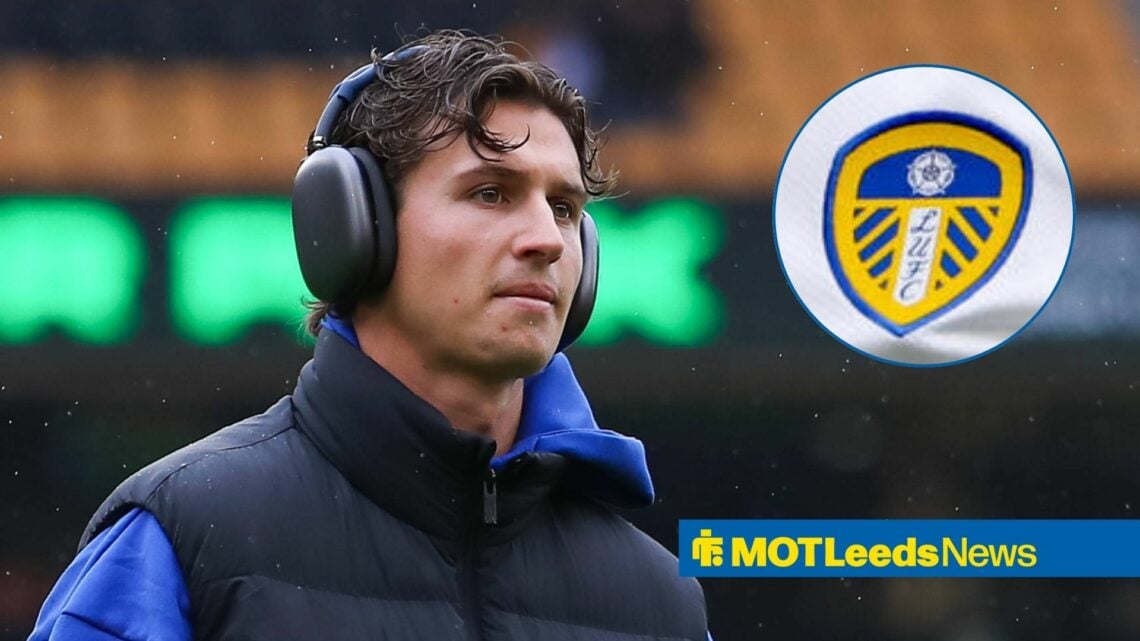 Brenden Aaronson with headphones on with Leeds badge in circle