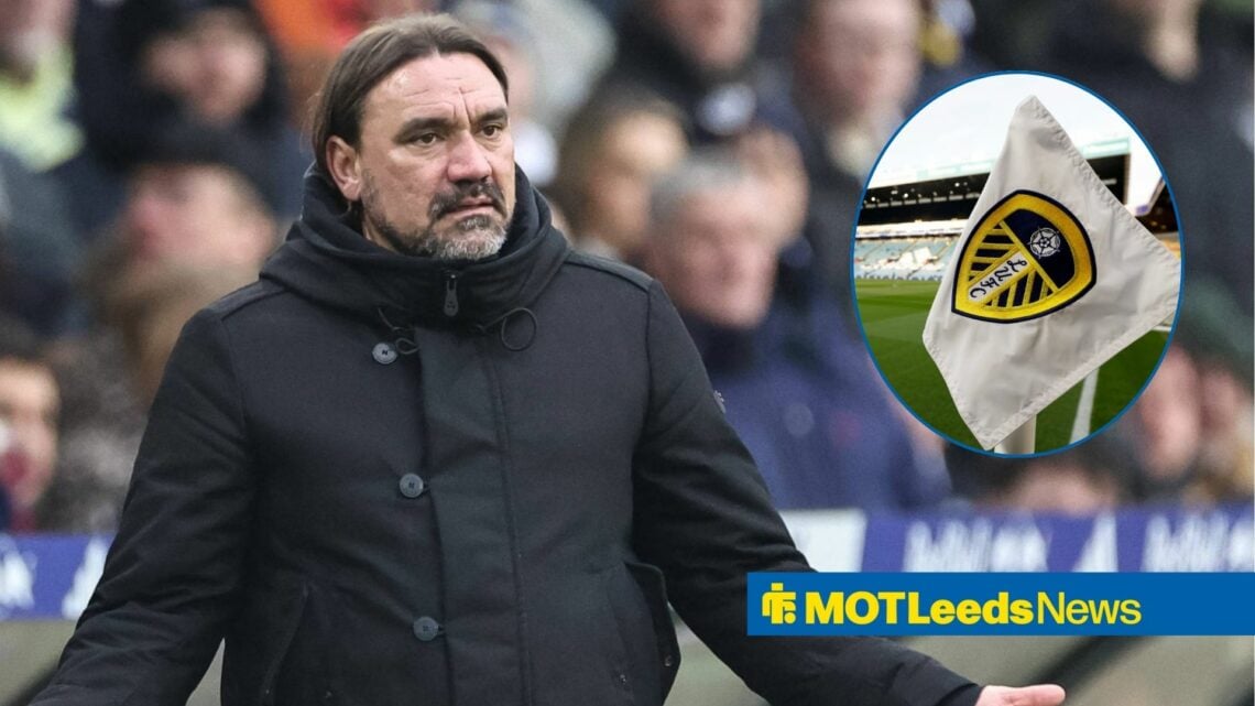 Daniel Farke alongside a circle inset of the Leeds corner flag.