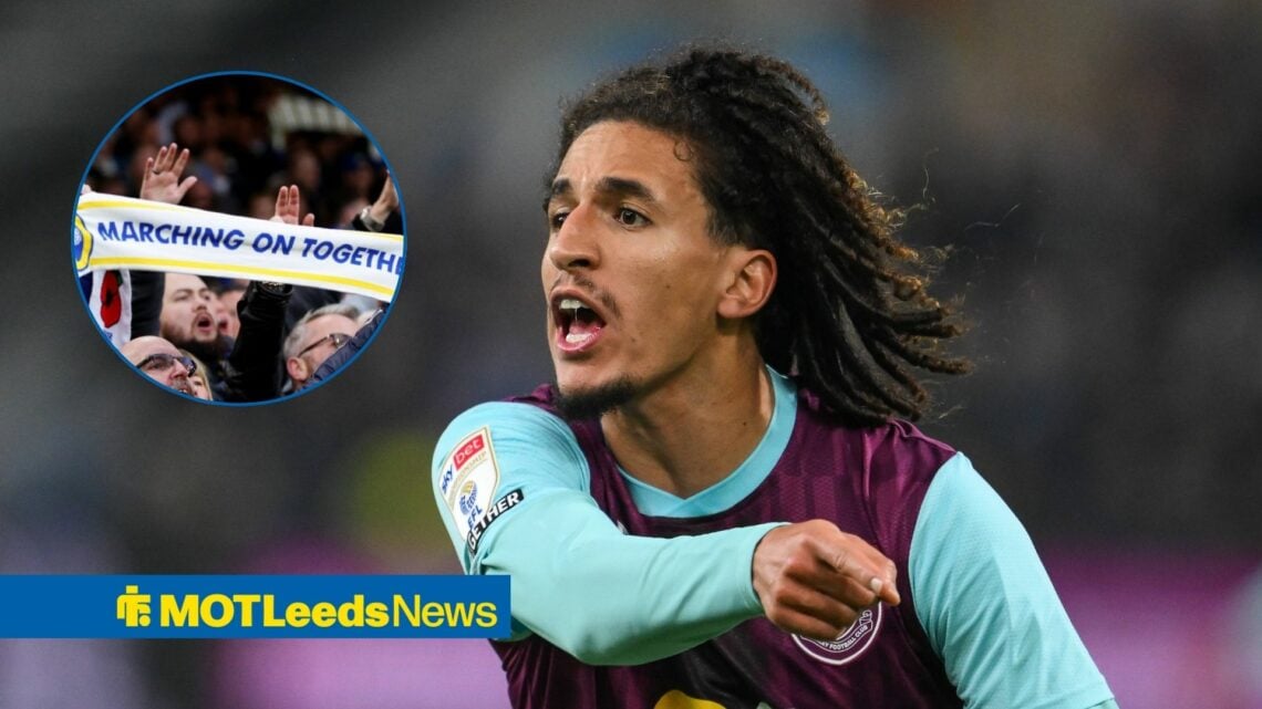 Hannibal Mejbri looks towards a circular frame of Leeds United fans