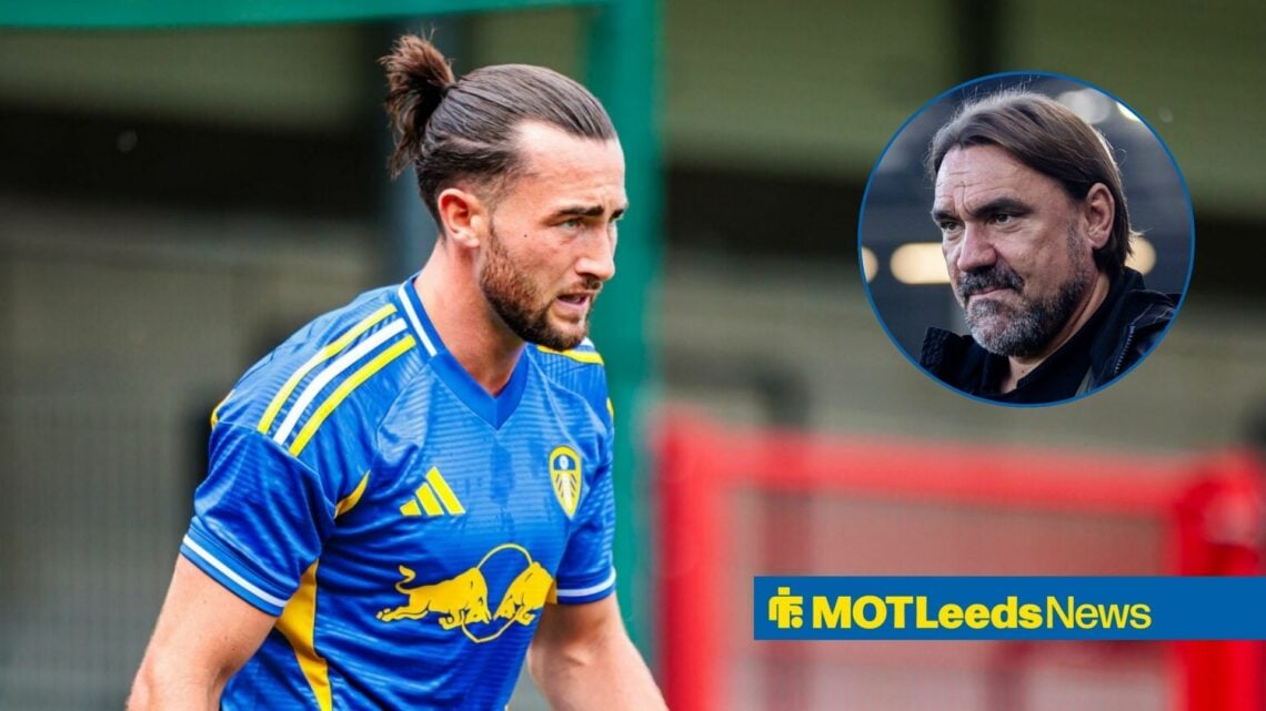 Jack Harrison in a Leeds away kit, with Daniel Farke in a circular frame alongside him