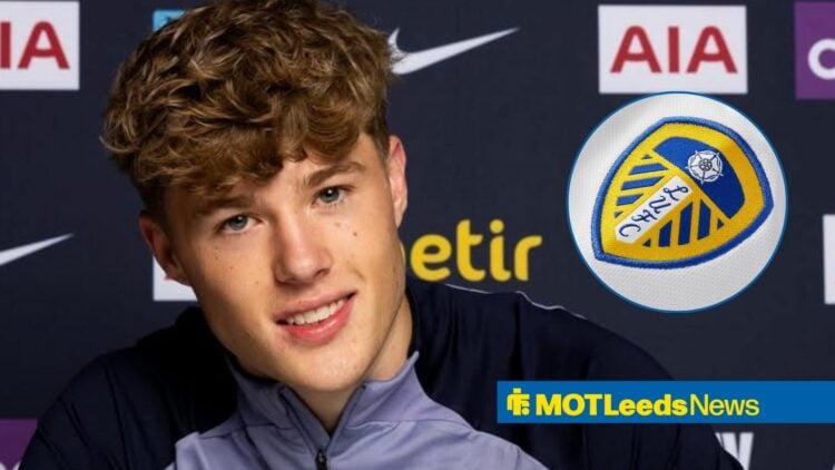 Former Tottenham defender Calum Logan with Leeds United badge inset