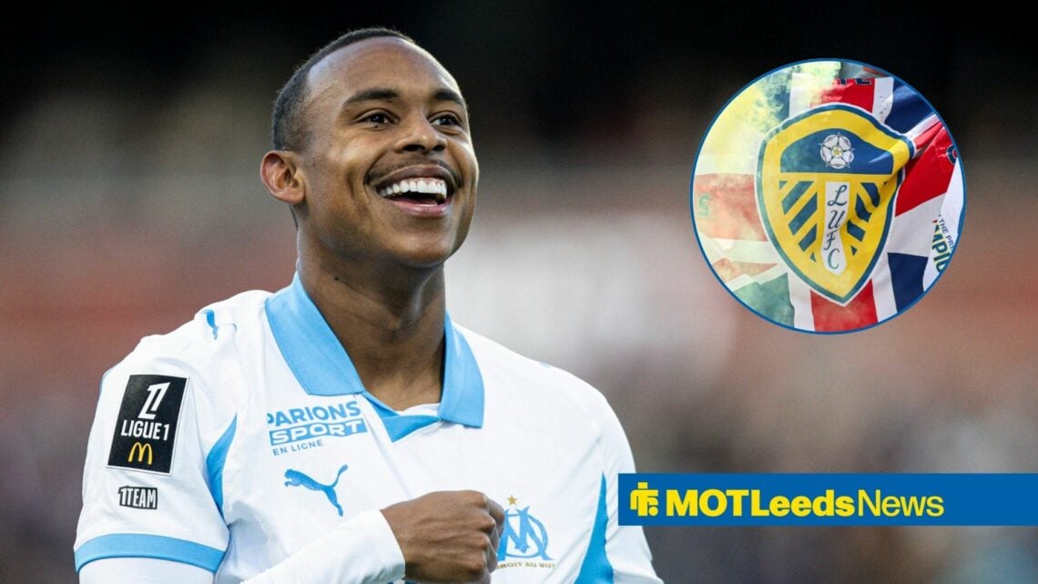 Igor Paixao celebrating with Leeds badge in frame