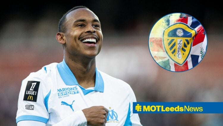 Igor Paixao celebrating with Leeds badge in frame