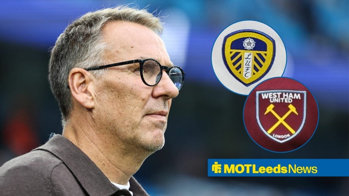 Paul Merson looking towards circle insets of the Leeds United and West Ham badges