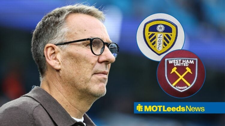 Paul Merson looking towards circle insets of the Leeds United and West Ham badges