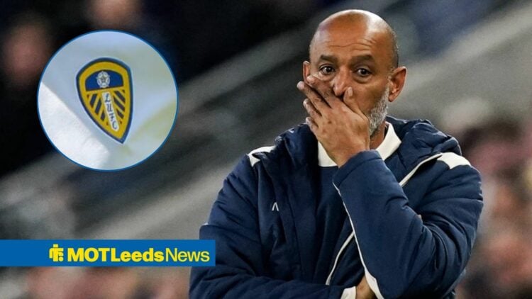 Nuno Santo looking frustrated with Leeds badge in frame