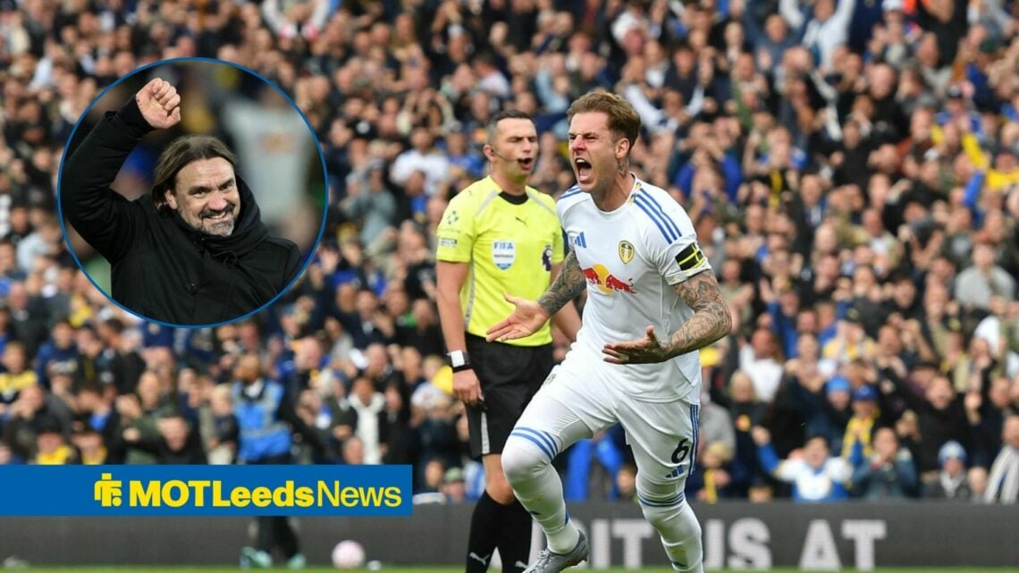 Joe Rodon celebrating alongside a circle inset of Daniel Farke.