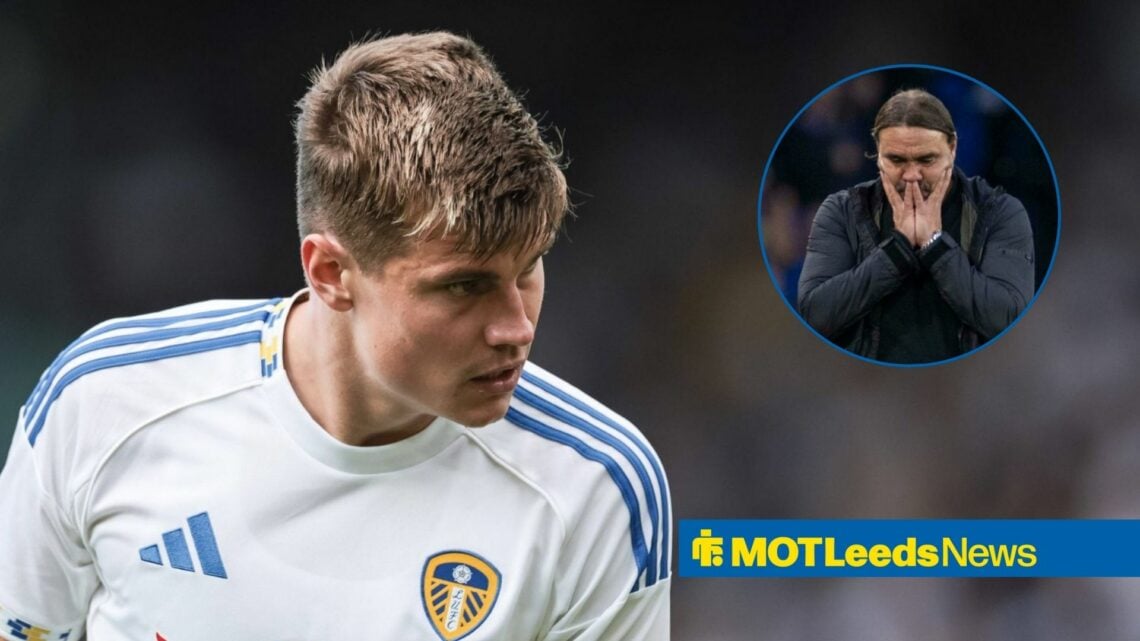 Jaka Bijol playing for Leeds with Daniel Farke in frame