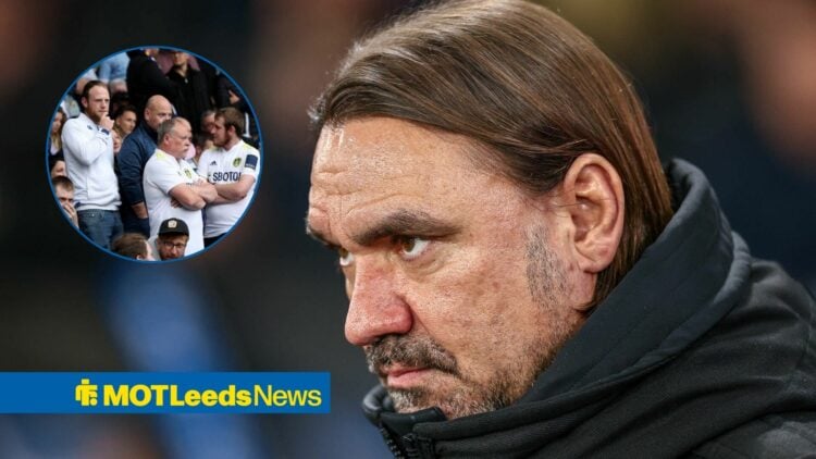 Daniel Farke looking unhappily at Leeds fans who also look unhappy.