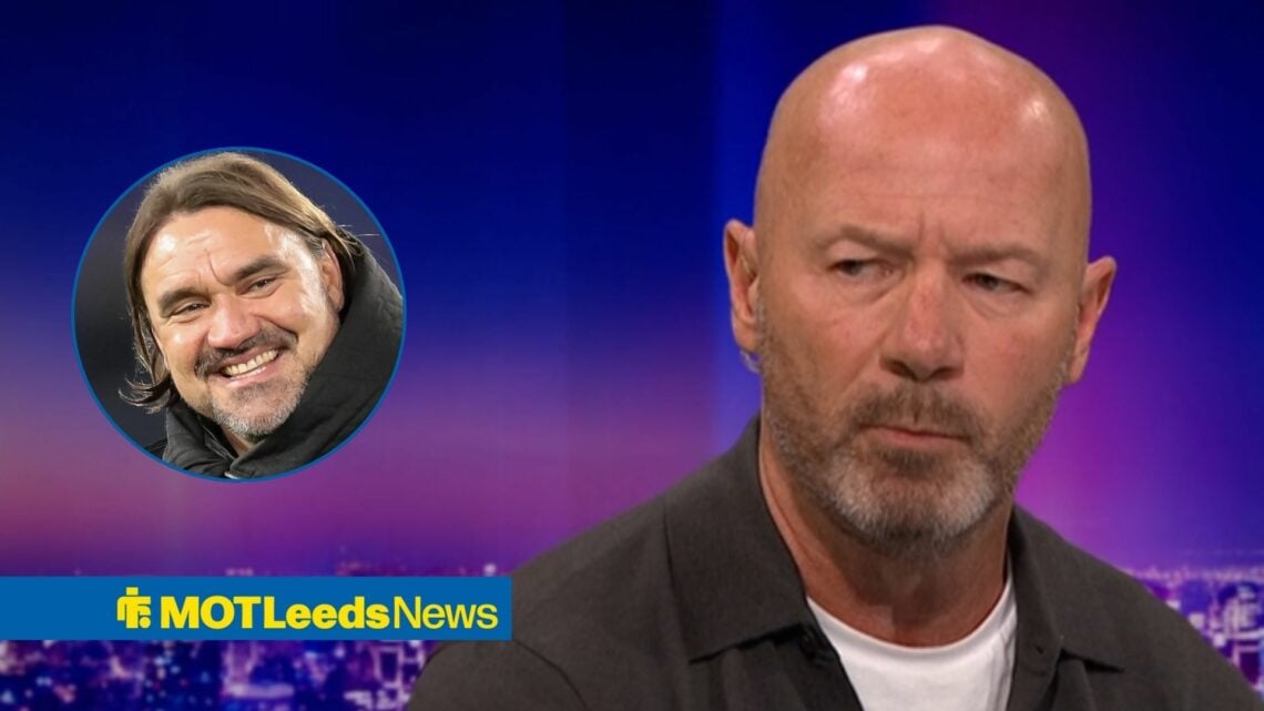 Former Premier League striker Alan Shearer with Leeds United manager Daniel Farke smiles inset