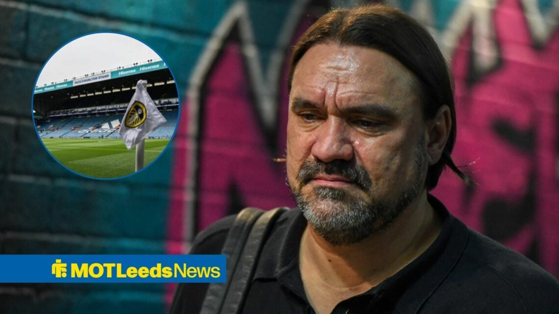 Daniel Farke looking annoyed towards Elland Road in a circle inset