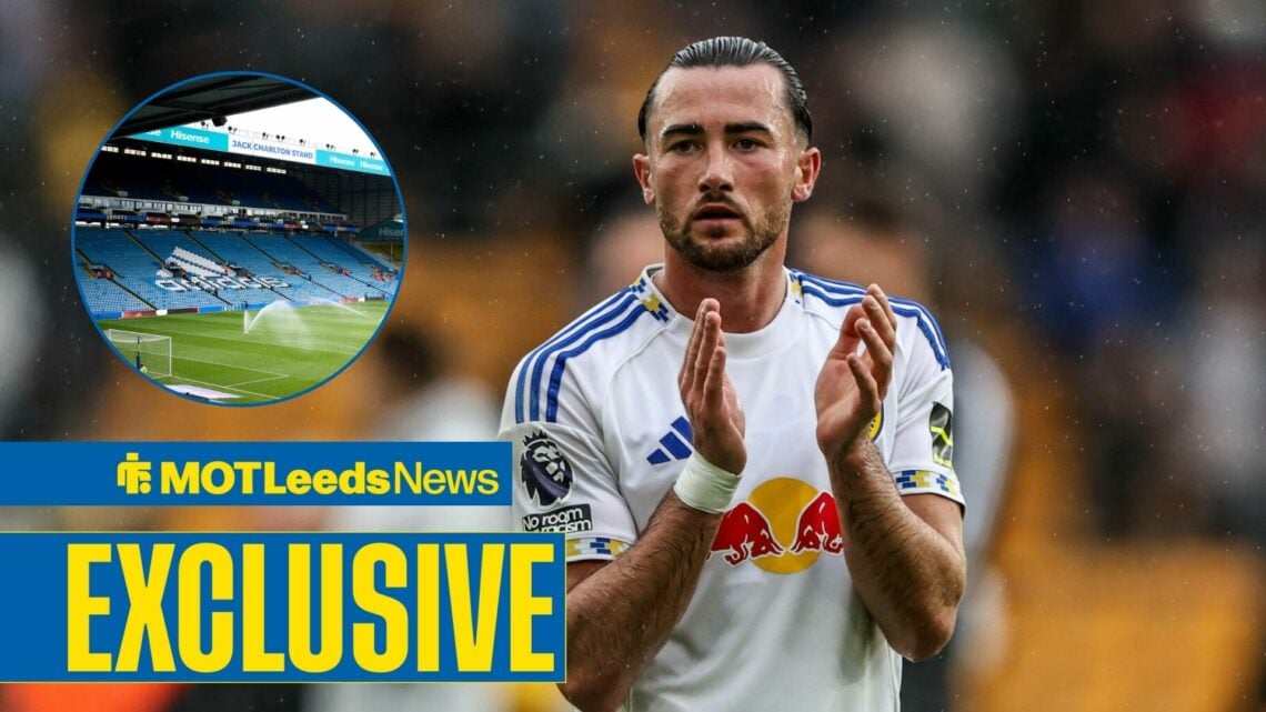 Jack Harrison applauds the Leeds fans, with a circular inset of Elland Road