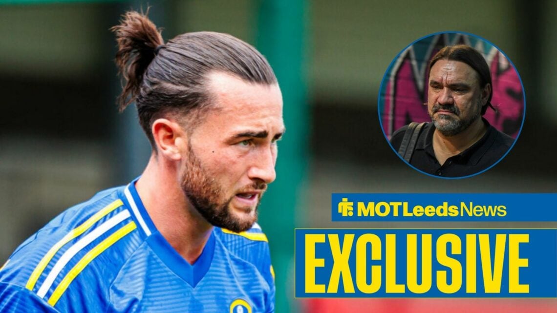 Jack Harrison in Leeds away kit with Daniel Farke in frame