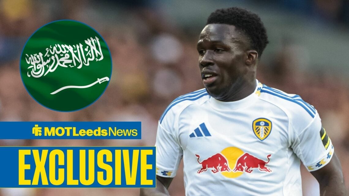 Willy Gnonto playing for Leeds with Saudi Arabia flag in frame