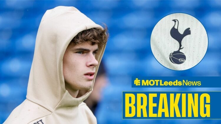 Harry Gray looking towards a Tottenham badge in a circle inset