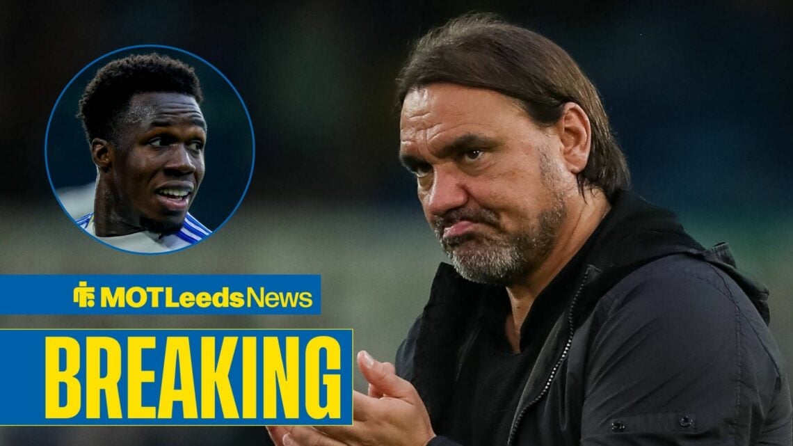 Leeds United manager Daniel Farke claps with winger Willy Gnonto inset