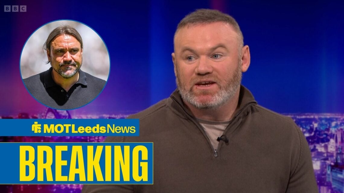Wayne Rooney talks about Leeds on Match of the Day. To the left of him is a circle with Daniel Farke in it