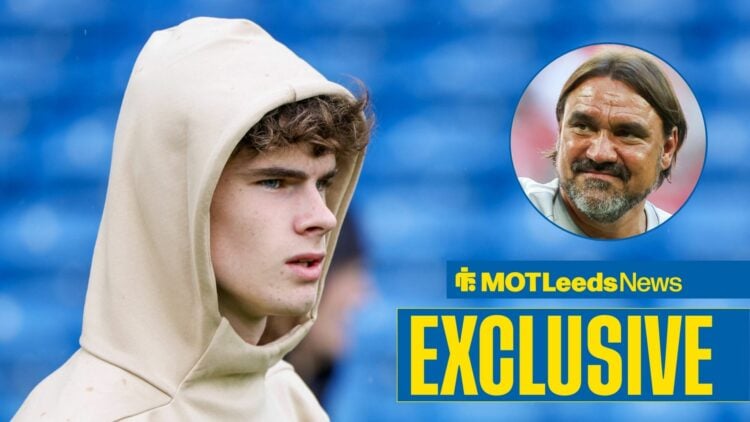 Leeds United forward Harry Gray with Daniel Farke smiles inset