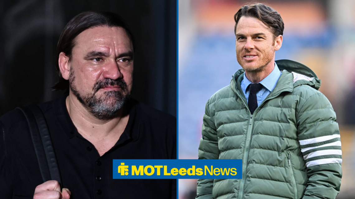 Daniel Farke on left looking at Scott Parker smiling on right
