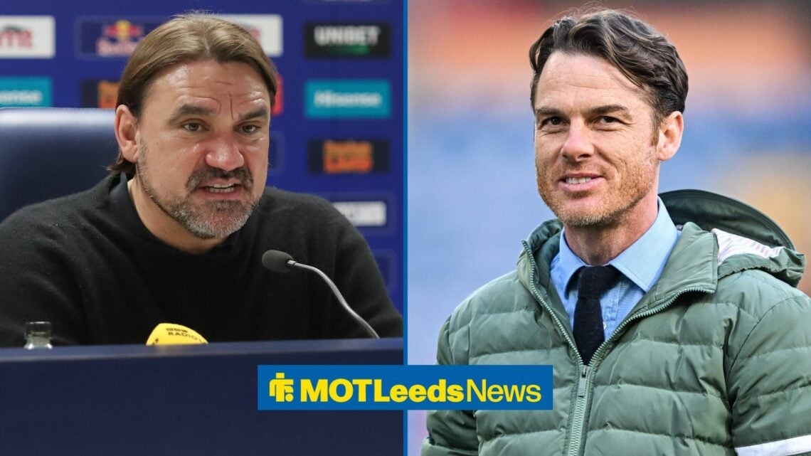 Daniel Farke on the left at a press conference. On the right is Burnley manager Scott Parker.