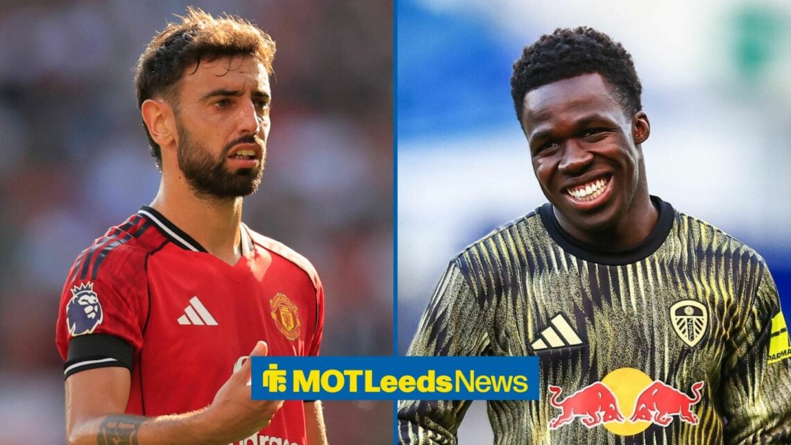 Willy Gnonto smiling with Bruno Fernandes in Man United kit