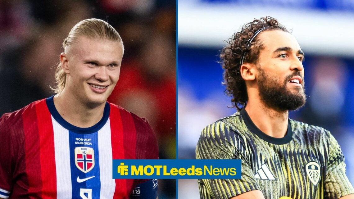 Manchester City striker Erling Haaland with Leeds striker Dominic Calvert-Lewin