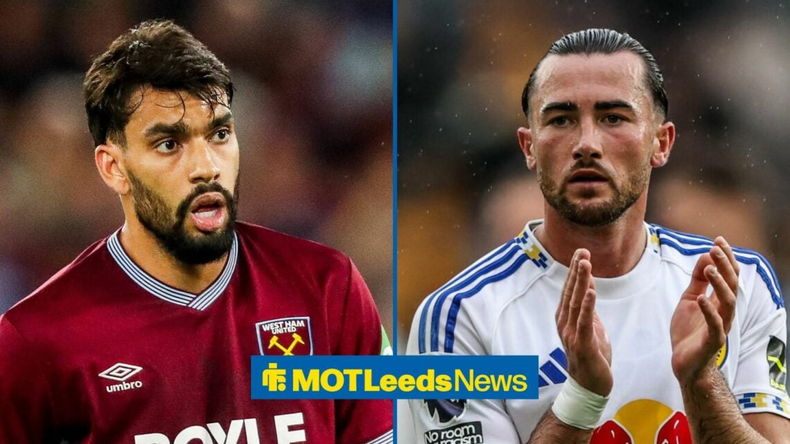 Jack Harrison applauding with Lucas Paqueta shocked