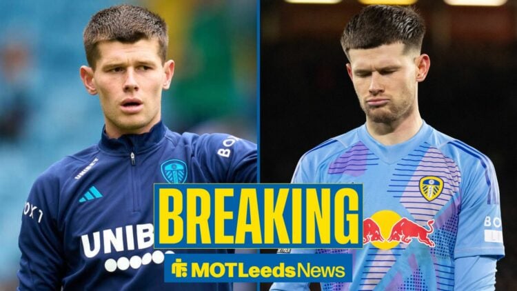 Two images of Illan Meslier at Leeds United. One earlier in his career, and one last season.