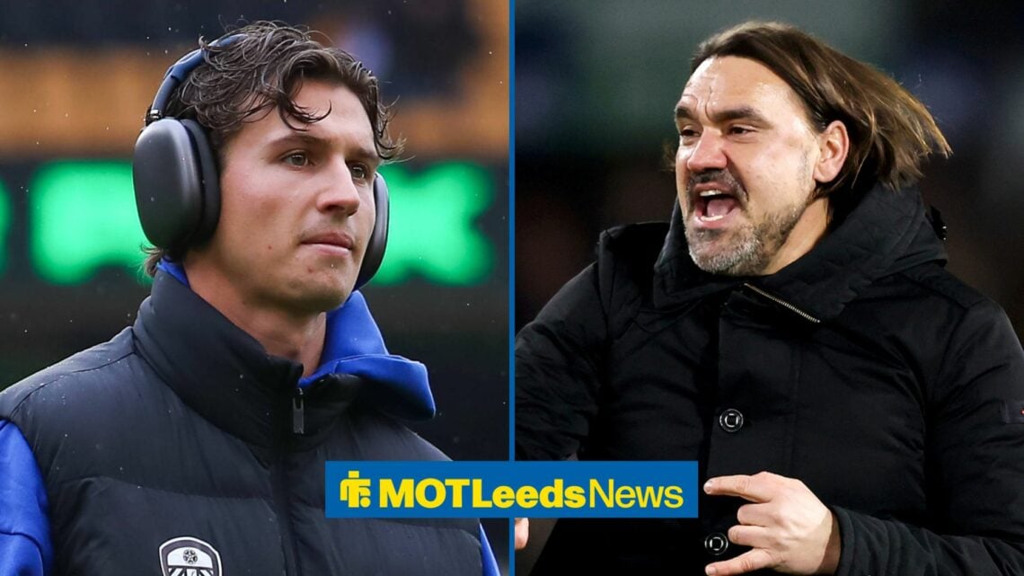 Brenden Aaronson in Leeds gear with Daniel Farke celebrating