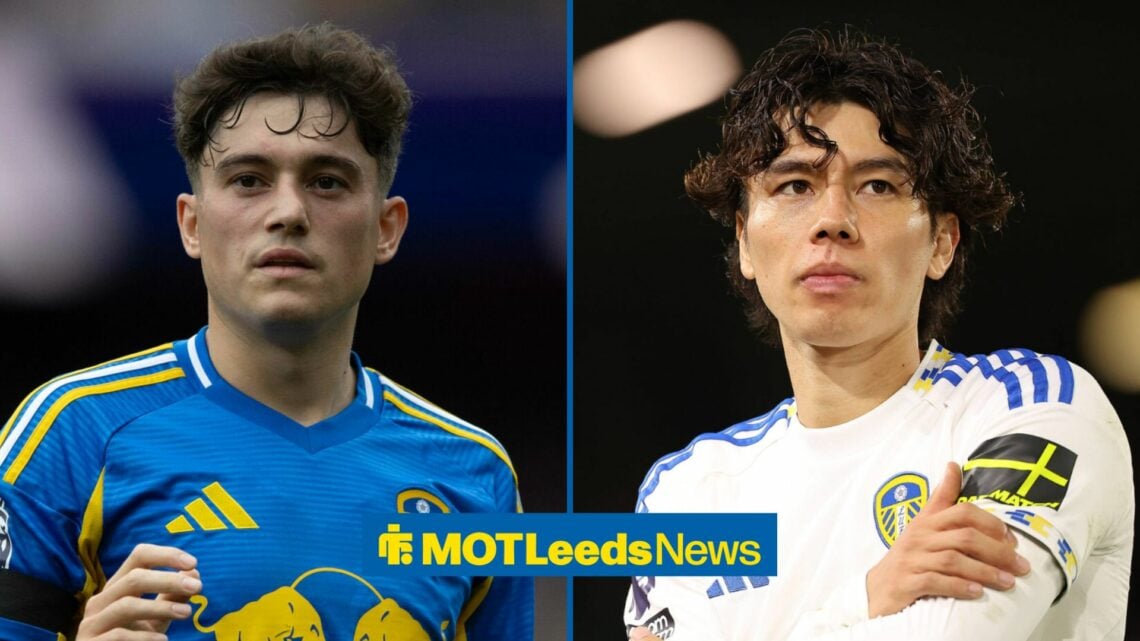 Daniel James in a Leeds away kit, with Ao Tanaka in a home strip alongside him in a split image
