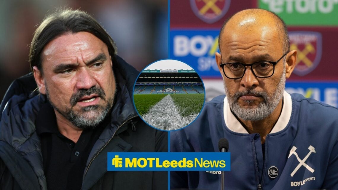 Leeds manager Daniel Farke on the left with West Ham manager Nuno Espirito Santo on the right. A small picture of Elland Road divides them.