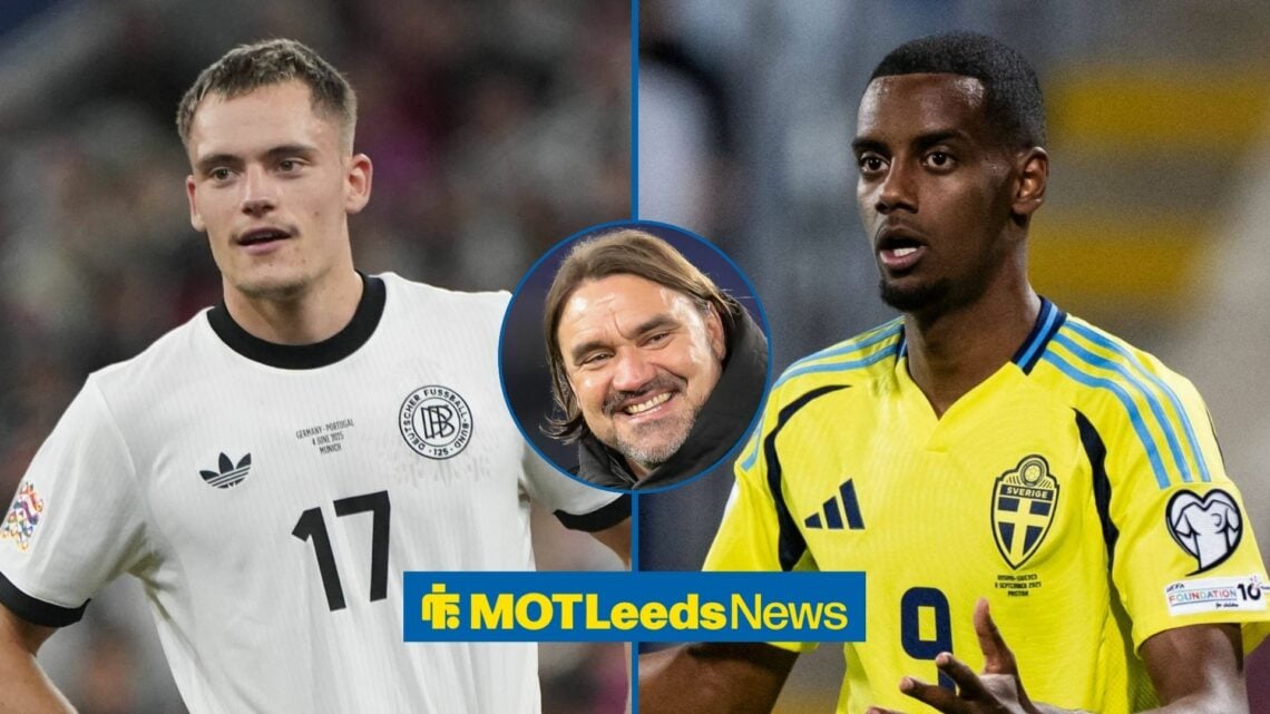 Liverpool attackers Florian Wirtz and Alexander Isak with Leeds United manager Daniel Farke smiling inset