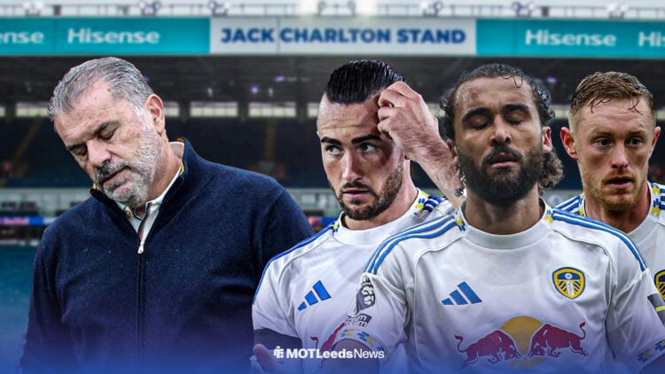 Ange Postecoglou sad alongside Leeds players searching for answers at rainy Elland Road