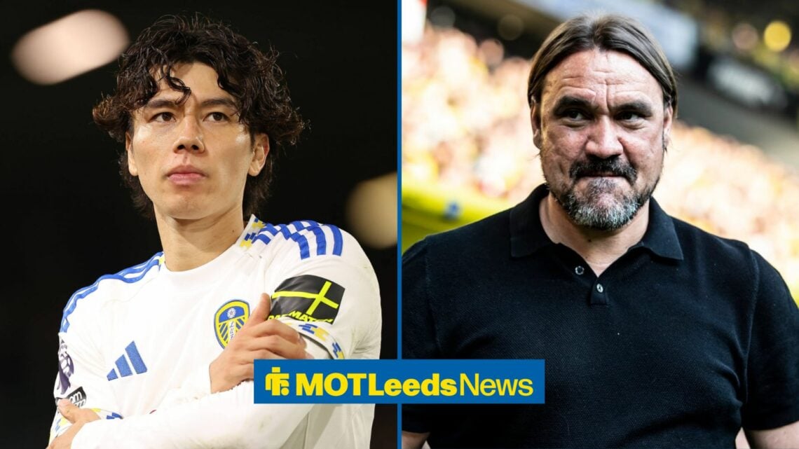 A split image as Leeds United star Ao Tanaka glances across towards manager Daniel Farke, who glares at him from the right half of the image.