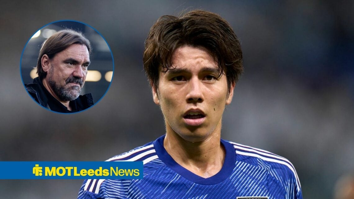 Leeds ace Ao Tanaka in action for Japan, Daniel Farke in inset.