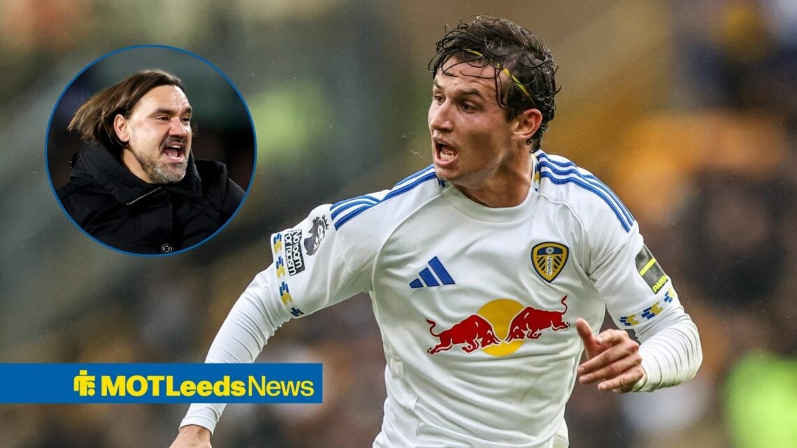 Brenden Aaronson in action for Leeds, Daniel Farke in inset.