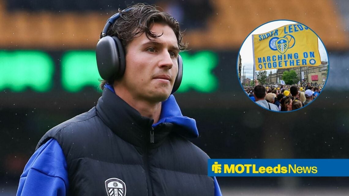 Leeds star Brenden Aaronson wears headphones before a game, as Leeds fans wave flags in a circular inset.