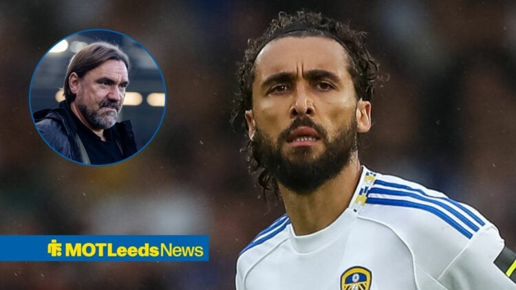 Dominic Calvert-Lewin looking miserable, Leeds boss Daniel Farke in inset.