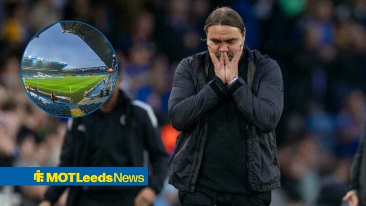 Leeds United manager Daniel Farke stands with his hands covering his face as a panoramic image of Elland Road features in a circular inset.