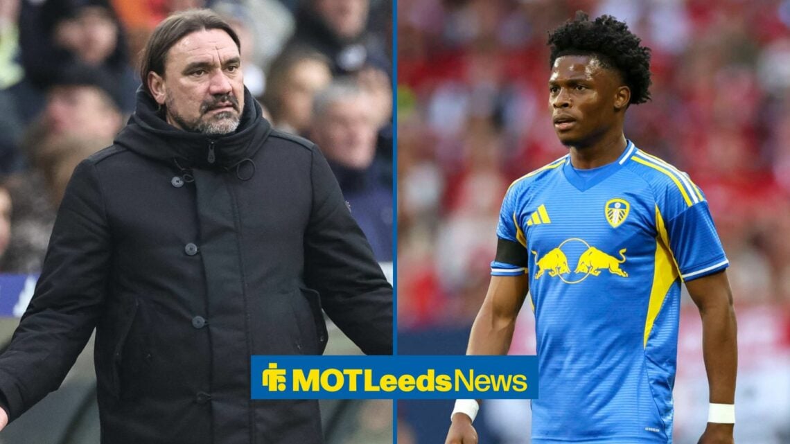 Leeds United manager Daniel Farke stares frustratedly across a split image towards Largie Ramazani, who is in action in the right half.